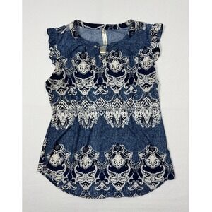 Boho PerSeption Concept Medallion Ruffle Blouse Womens XL Blue White 112425